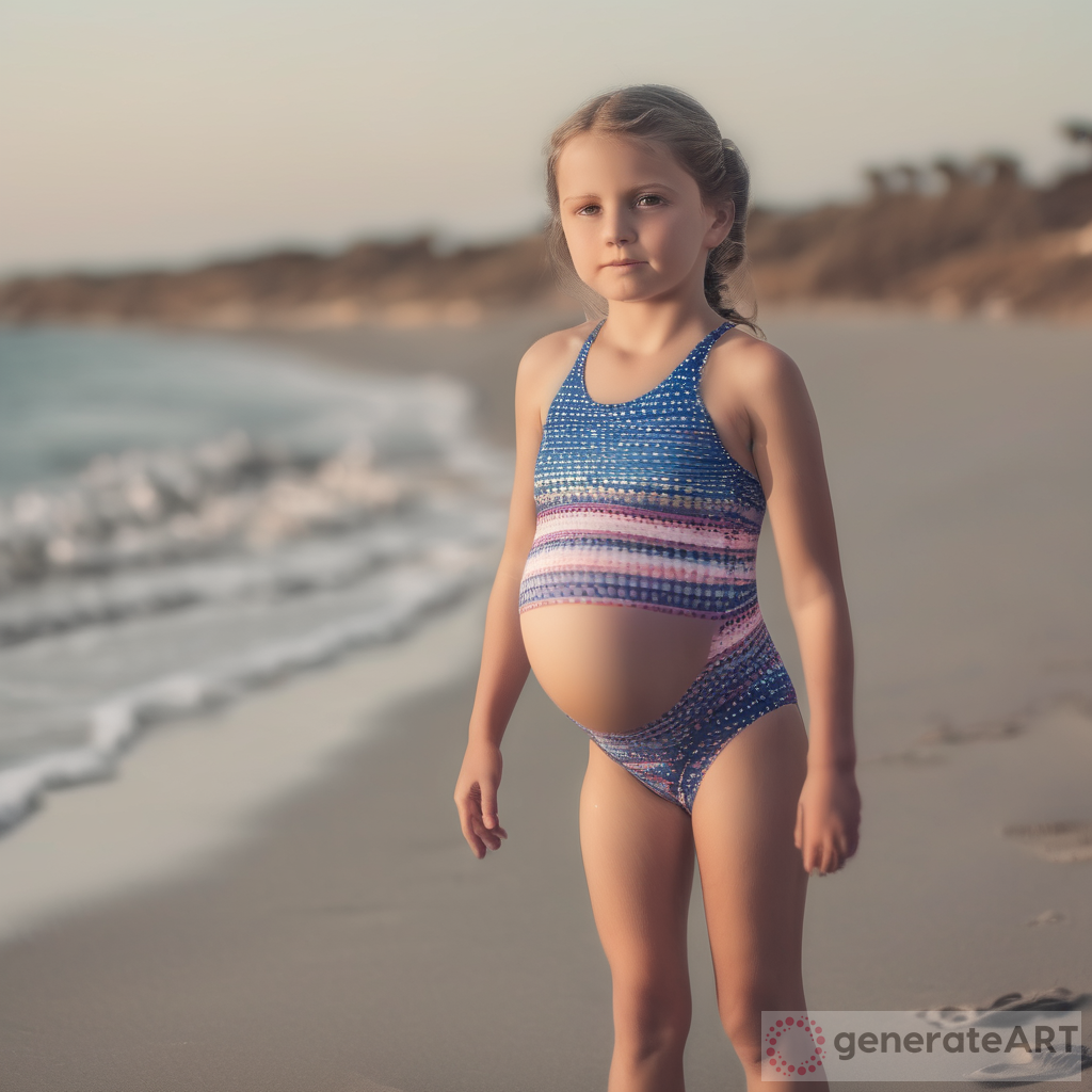 7 year old girl heavily pregnant on beach in swimsuit