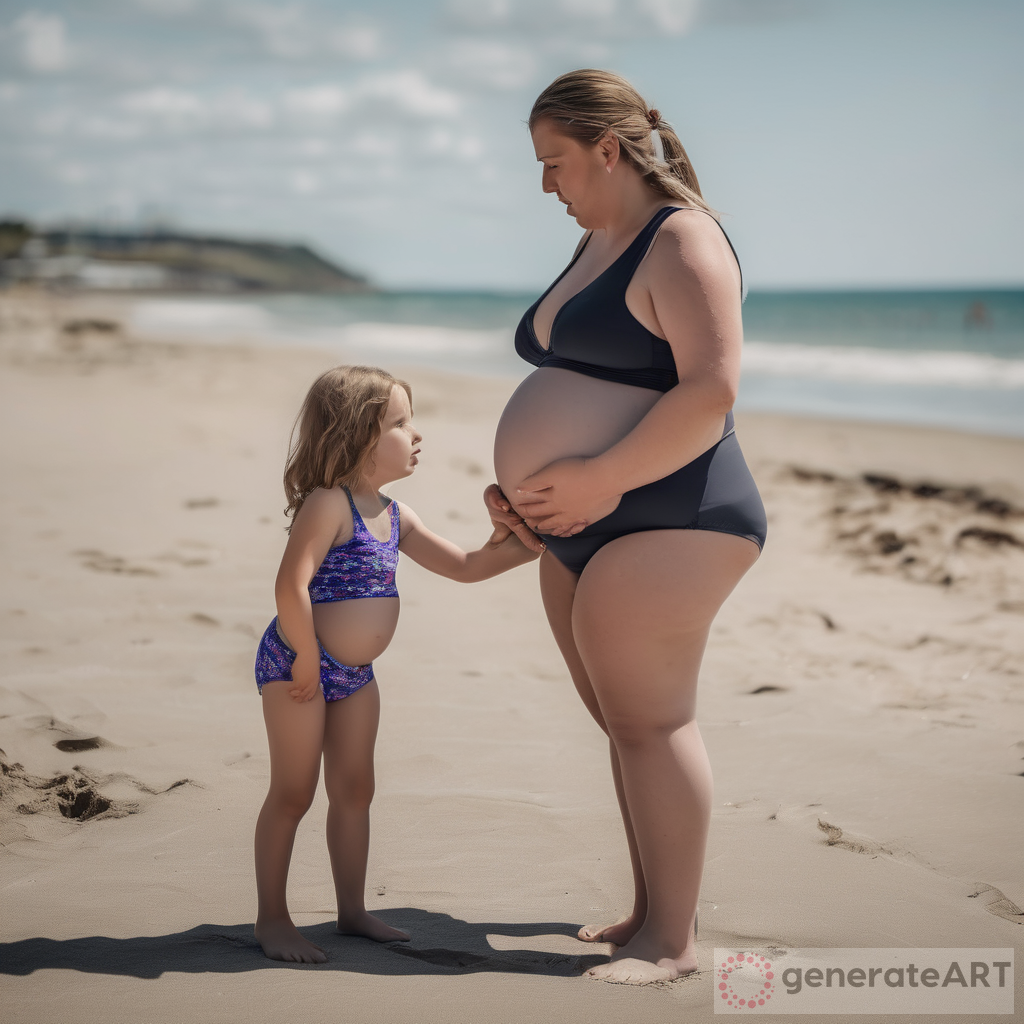 7 year old girl very big heavily pregnant on beach in swimsuit