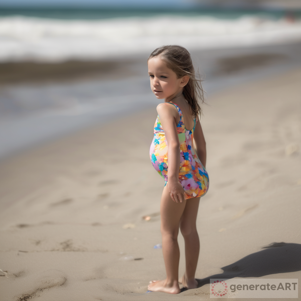7 year old girl heavily pregnant on beach in swimsuit