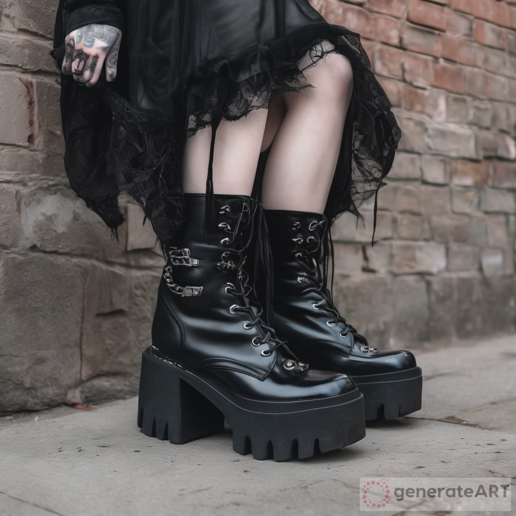 Goth girl with chunky boots on shoe has gum stuck under it , the girl is showing of her shoes