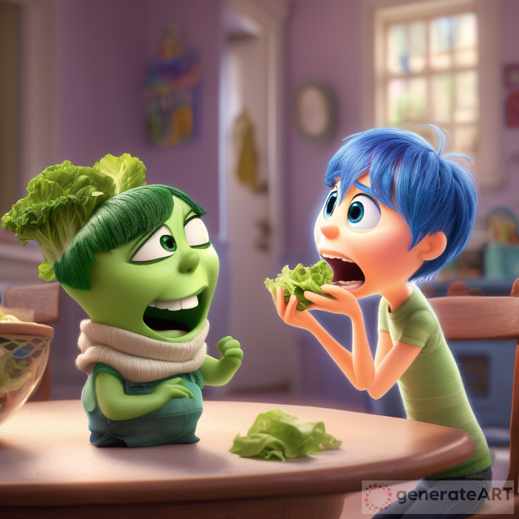disney pixar style inside out movie character emotion skinny eating lettuce