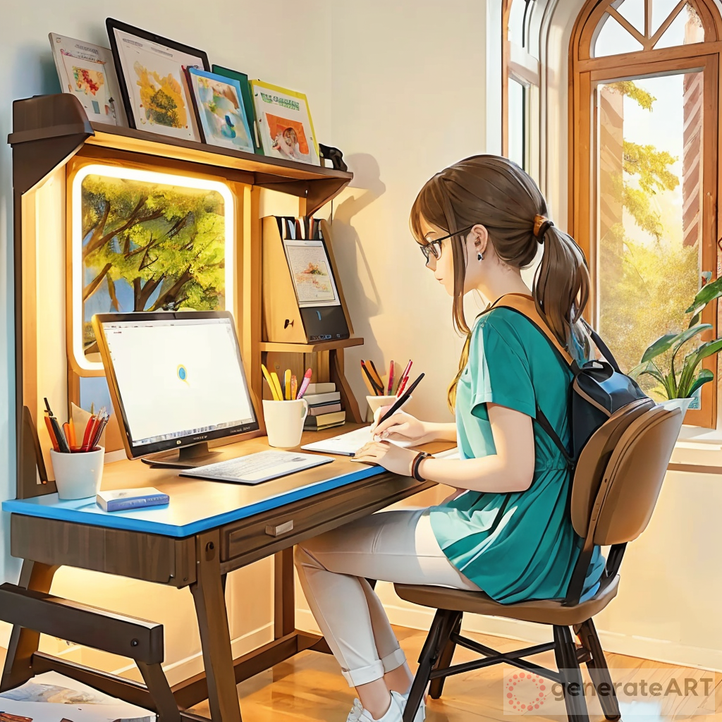Create an image of a teenage girl sitting at a desk in her bedroom, working on her homework. She is focused on her laptop. The room is well-lit, with a window allowing natural light to stream in. Her desk is neatly organized with textbooks, notebooks, and a few pens.  Her surroundings reflect a typical teenager's room with some posters on the wall, a comfortable chair, and a few personal items like a phone and a water bottle nearby