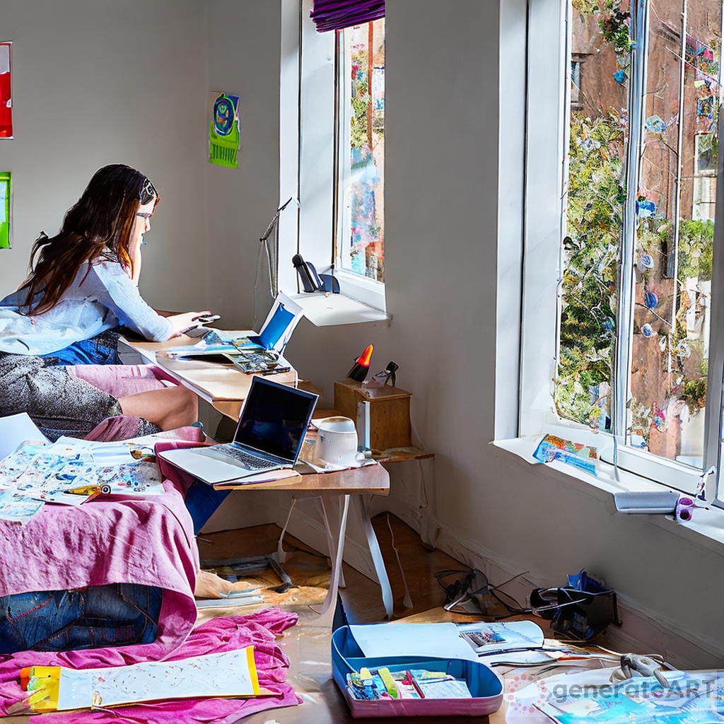 Create an image of a teenage girl sitting at a desk in her bedroom, working on her homework. She is focused on her laptop. The room is well-lit, with a window allowing natural light to stream in. Her desk is neatly organized with textbooks, notebooks, and a few pens.  Her surroundings reflect a typical teenager's room with some posters on the wall, a comfortable chair, and a few personal items like a phone and a water bottle nearby
