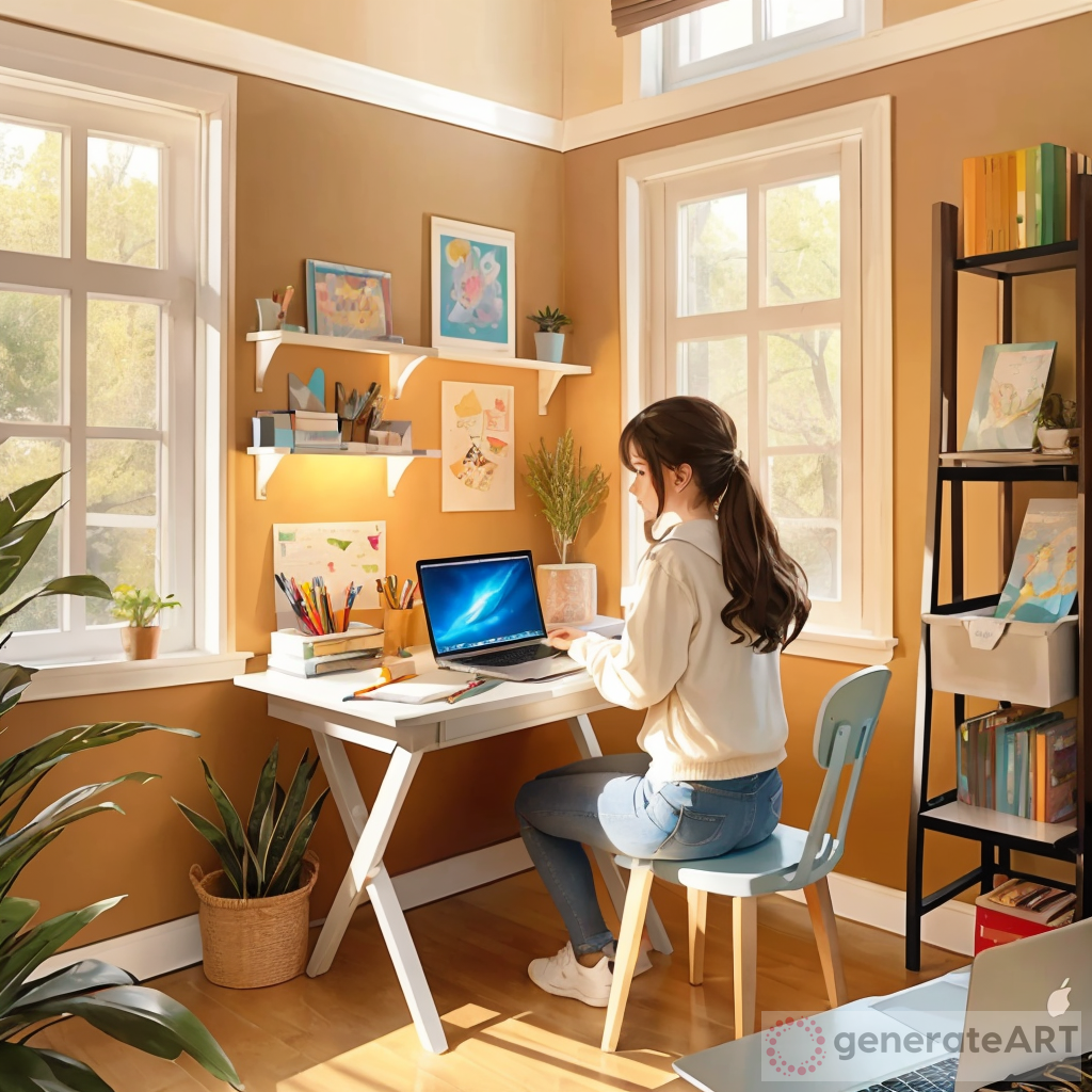 Create an image of a teenage girl sitting at a desk in her bedroom, working on her homework. She is focused on her laptop. The room is well-lit, with a window allowing natural light to stream in. Her desk is neatly organized with textbooks, notebooks, and a few pens