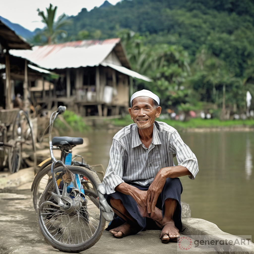 Malay Man in Old Village by River and Mountain