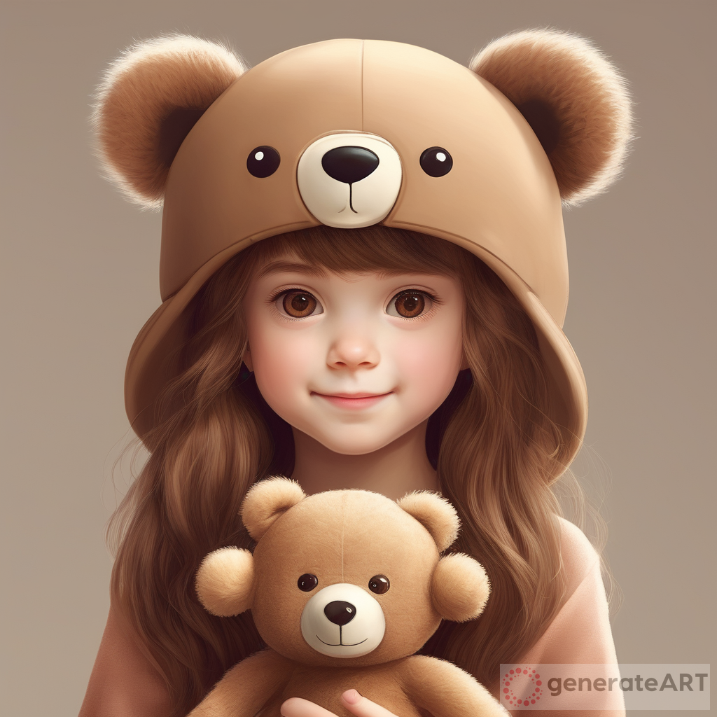 A girl with brown eyes light brown hair holding a toy bear with a bear hat