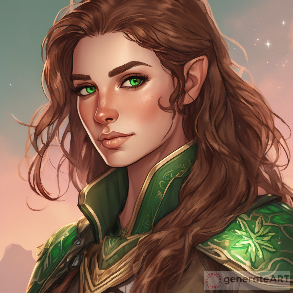 A highly detailed illustration of Elara Solstice, a 27-year-old female ranger with an athletic build and fair, sun-kissed skin. She has long, flowing chestnut brown hair with subtle waves and emerald green eyes with flecks of gold. Her facial features include sharp cheekbones, a delicate nose, full lips with a natural pink hue, and a small beauty mark below her left eye. Elara is dressed in a fitted, dark green leather tunic with silver embroidery, black leggings, and knee-high brown leather boots. She wears a silver belt with intricate designs, a silver pendant with a green gemstone, a thin silver circlet on her forehead, and simple silver earrings. She carries a finely crafted bow with silver engravings and a quiver of arrows, with a small, elegant dagger strapped to her thigh. Elara is often found in dense forests or ancient ruins, surrounded by lush greenery and ancient trees with a faint magical glow. She stands confidently with her bow in hand, looking slightly off to the side. The scene is lit by soft, natural light filtering through the trees, casting dappled shadows and creating a tranquil, mysterious mood
