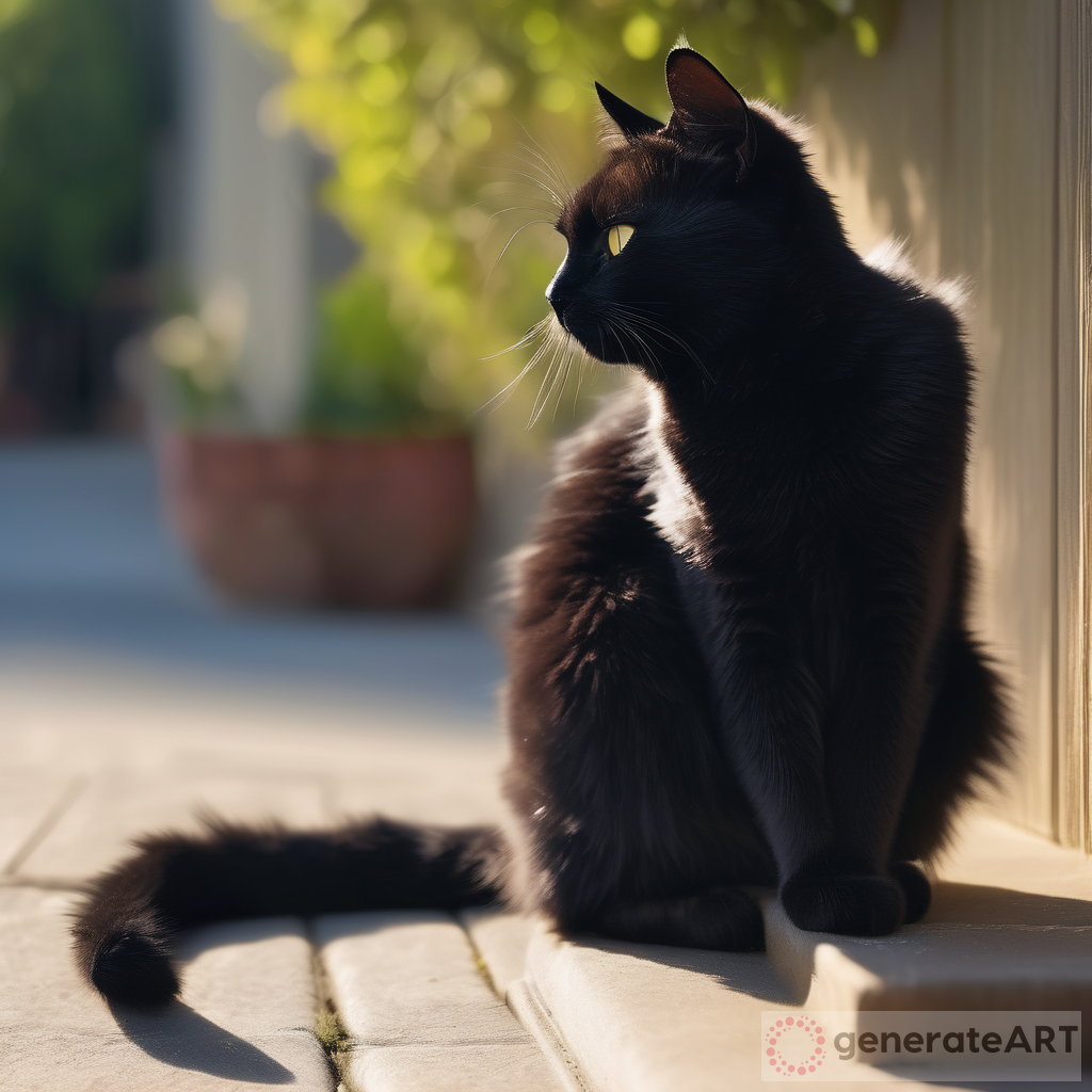 A small fluffy cute black cat is sitting outside, enjoying the sunshine. Its fur shimmers in the light, making it even more adorable. The cat lazily grooms itself, occasionally looking around with curious eyes. It is a picture-perfect moment of peacefulness and contentment