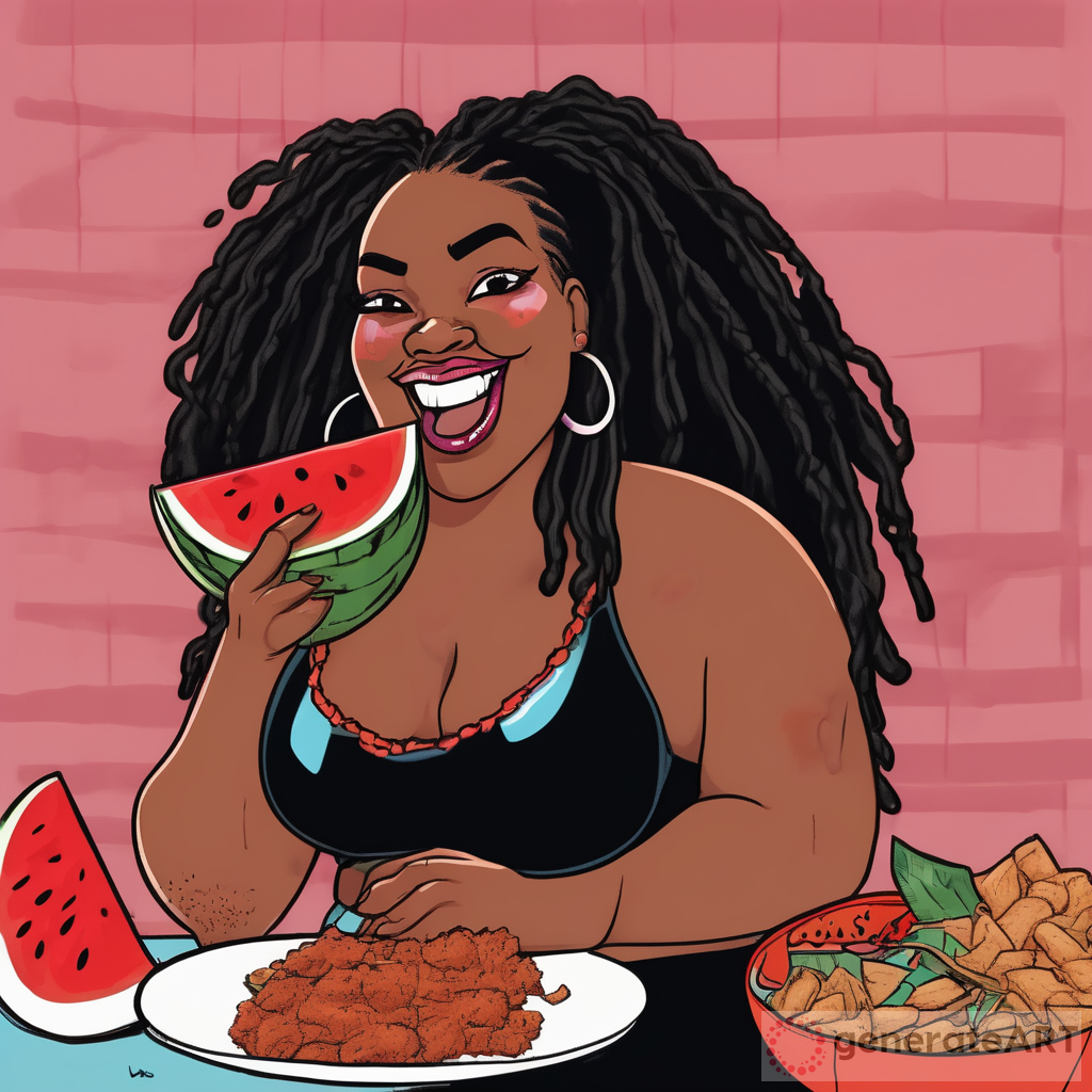 A 90s style cartoon drawing of a curvy plus sized black woman with black dreadlocks, full lips, even eyebrows, brown eyes, wearing a black bikini while eating watermelon and fried chicken
