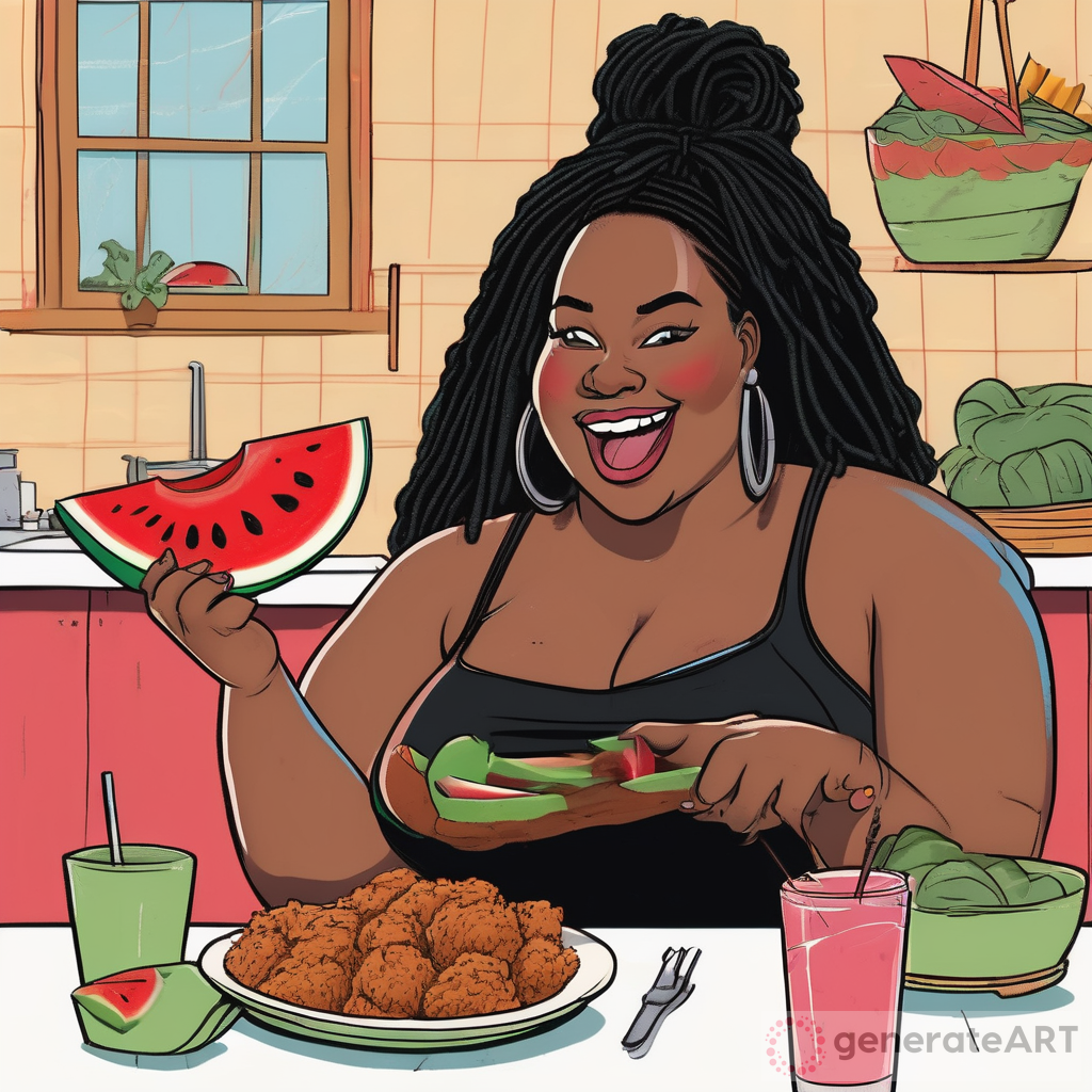 A 90s style cartoon drawing of a curvy plus sized black woman with black dreadlocks, full lips, even eyebrows, brown eyes, wearing a black swimsuit while eating watermelon and fried chicken