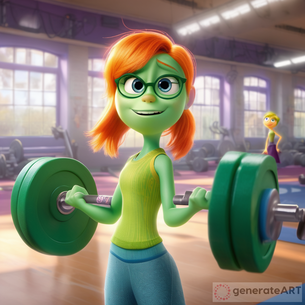 Disney Pixar’s “Inside Out” introduced a new character woman, with green skin and orange hair,  training in the gym lifting dumbbells