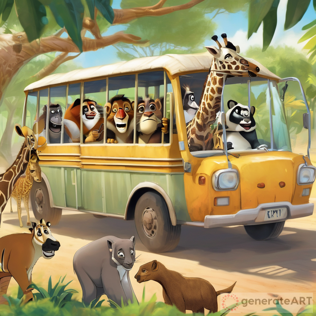 a group of madagascar animals ride a safari park bus towards the "PKM" gate