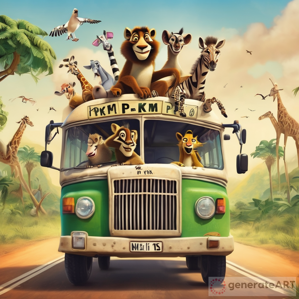 a group of Madagascar animals ride a safari park bus with the words "PKM" written on it