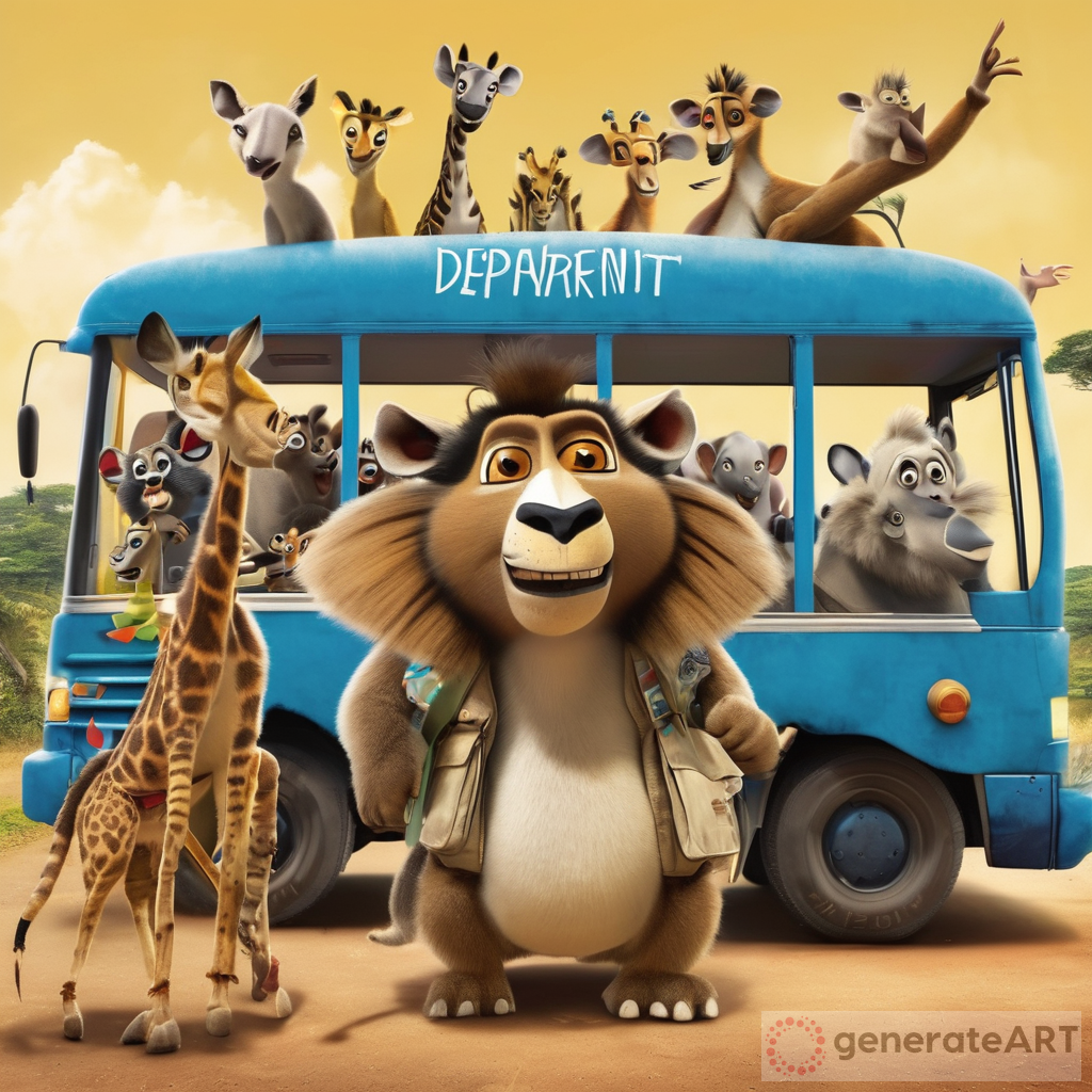 a group of Madagascar animals ride a safari park bus with the words "PKM DEPARTMENT" written on it