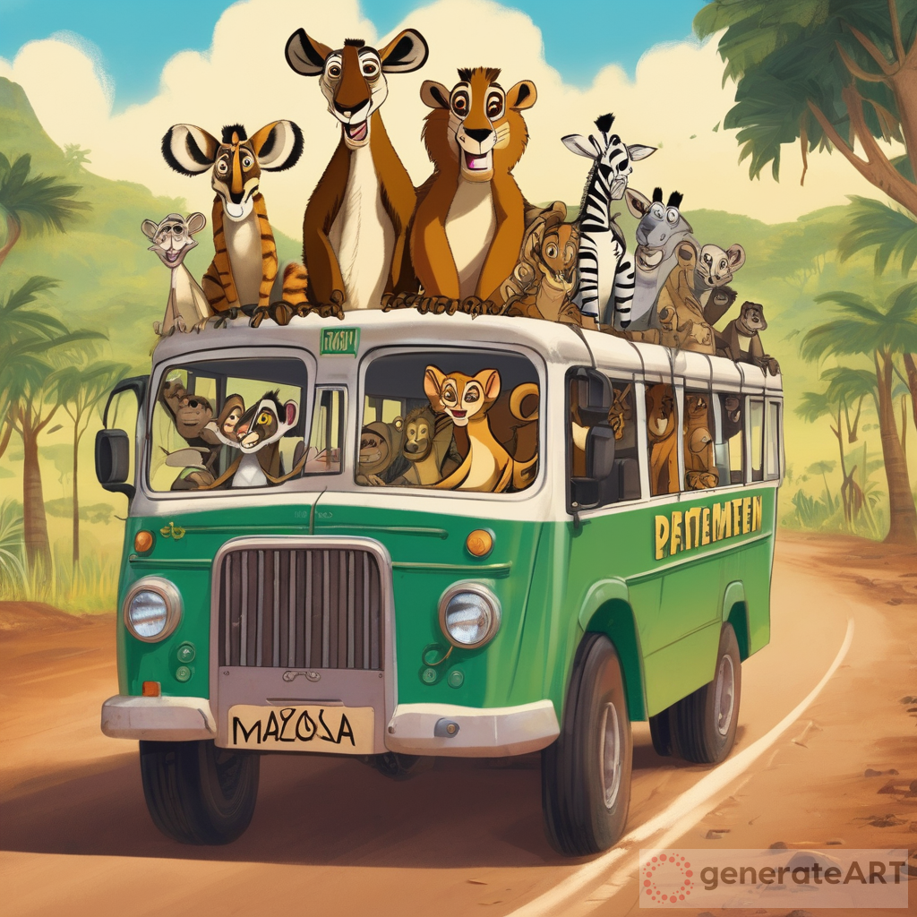 a group of Madagascar animals ride a safari park bus with the words "DEPARTEMEN PKM" written on it