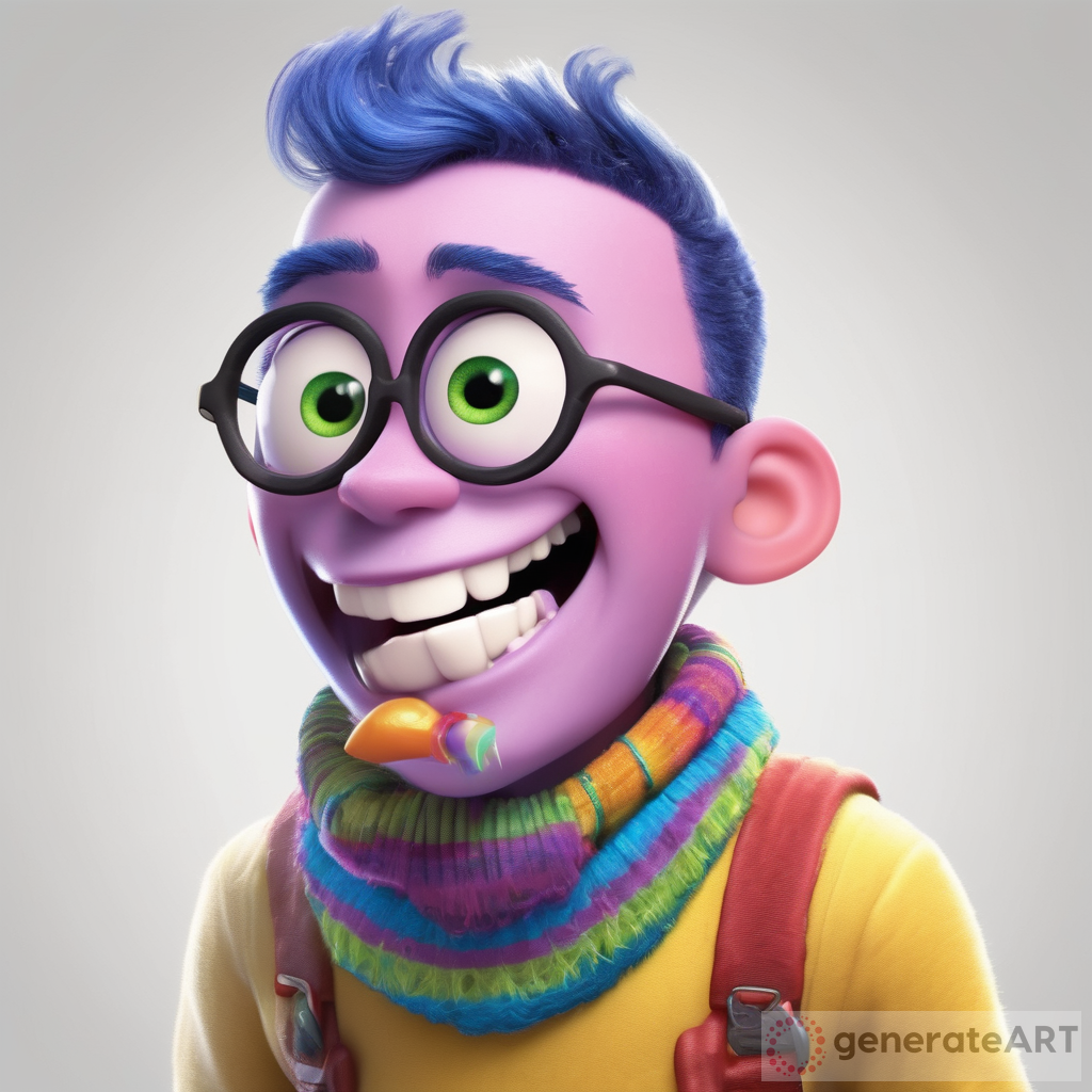 create a disney pixar boy inside out type of character for the emotion freaky with white stuff drooling out of mouth with its tongue out and wearing a necklace that says freaky