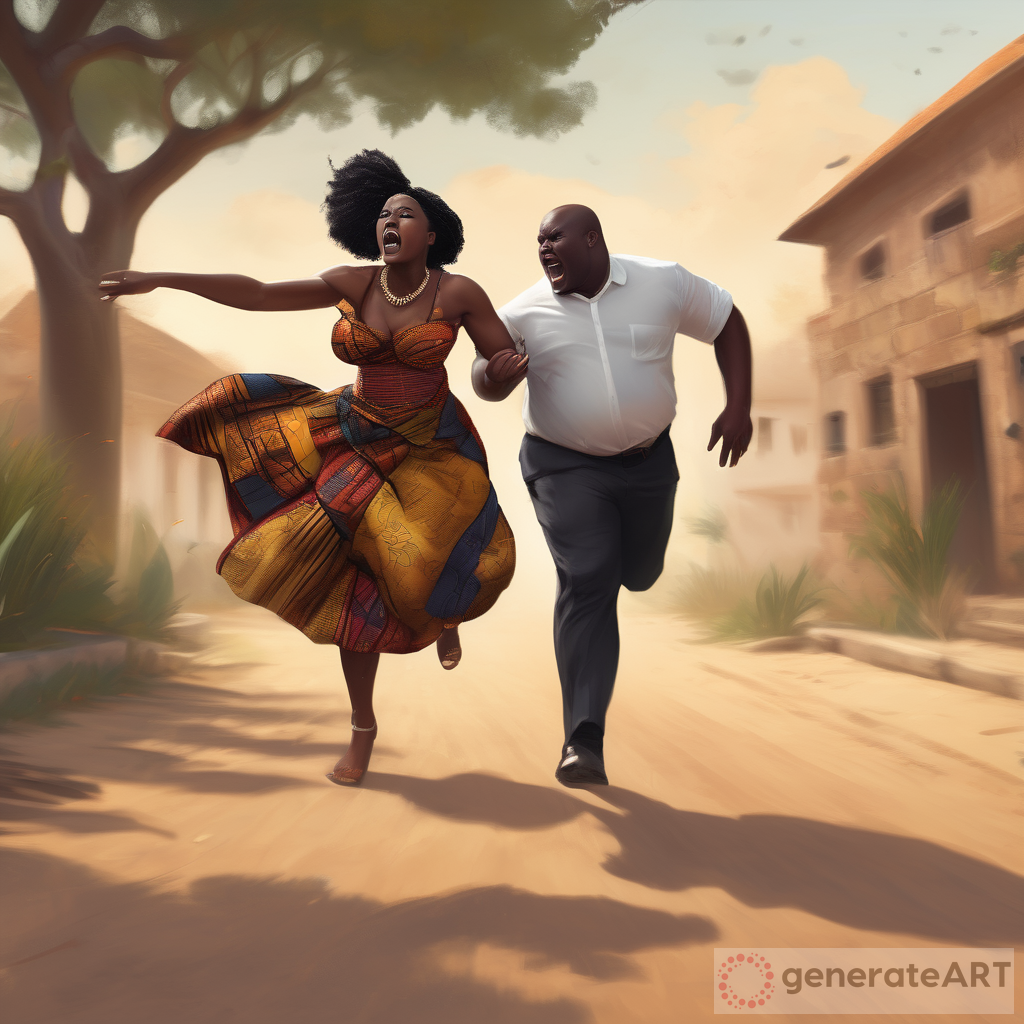 Gorgeous black young black lady in African attire running away from a fat white guy crying
