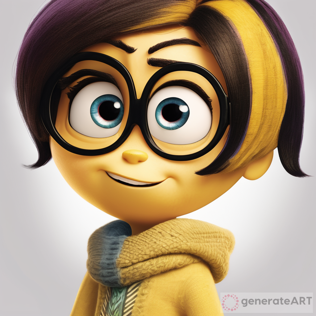 Inside out character with long chin, color yellow ochre with thick black eyebrows and middle parted hair