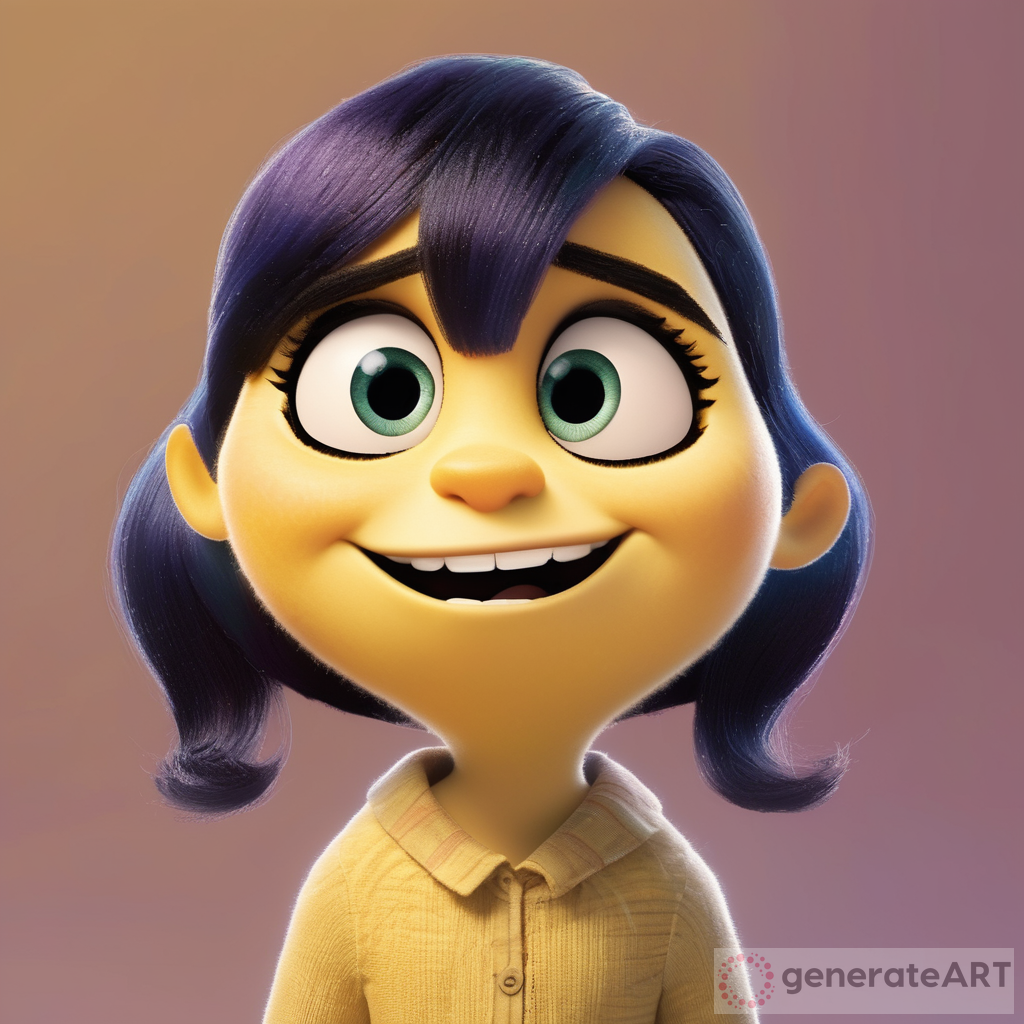 Inside out character with long chin, color yellow ochre with thick black eyebrows and middle parted hair  ugly