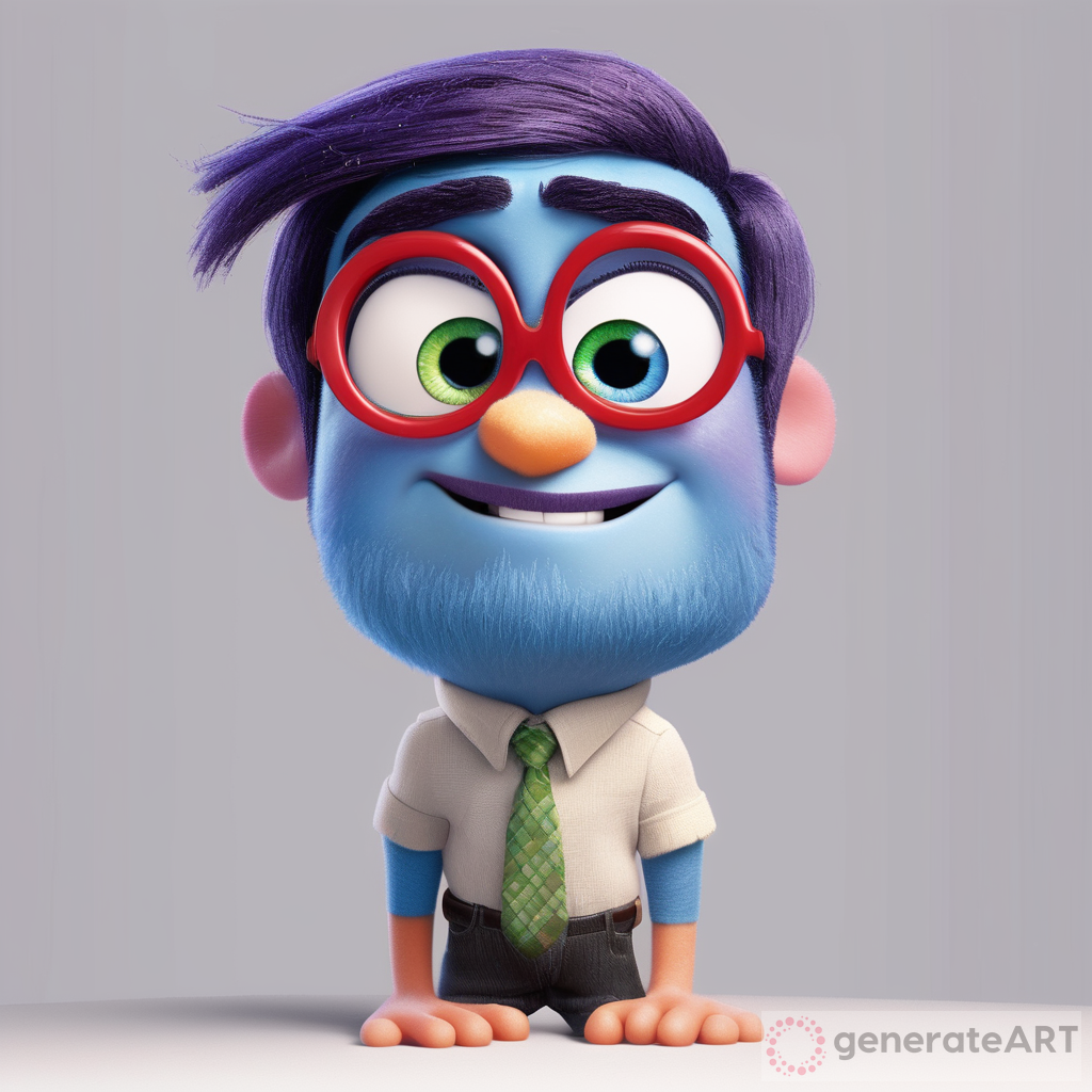 Inside out character with long chin, color gay with thick black eyebrows and middle parted hair  very ugly male