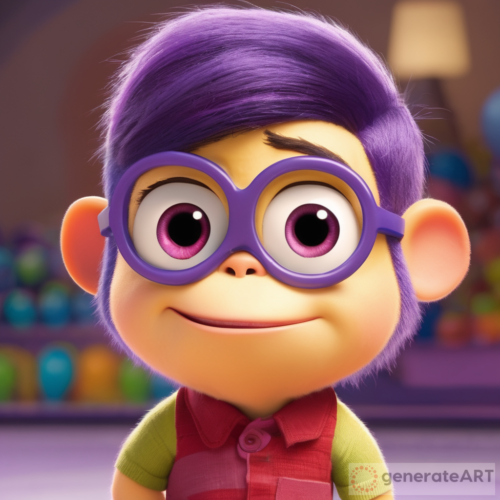 Inside out character with long chin, color gay with thick black eyebrows and middle parted hair  monkey face