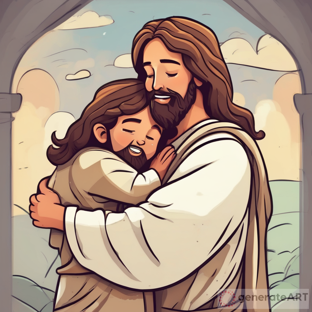 Jesus hugging kid cartoon style