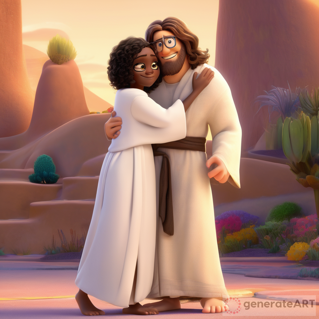 The Inside Out character Jesus with long brown hair,  beard, wearing a simple white robe or tunic hugging a black girl with curly hair