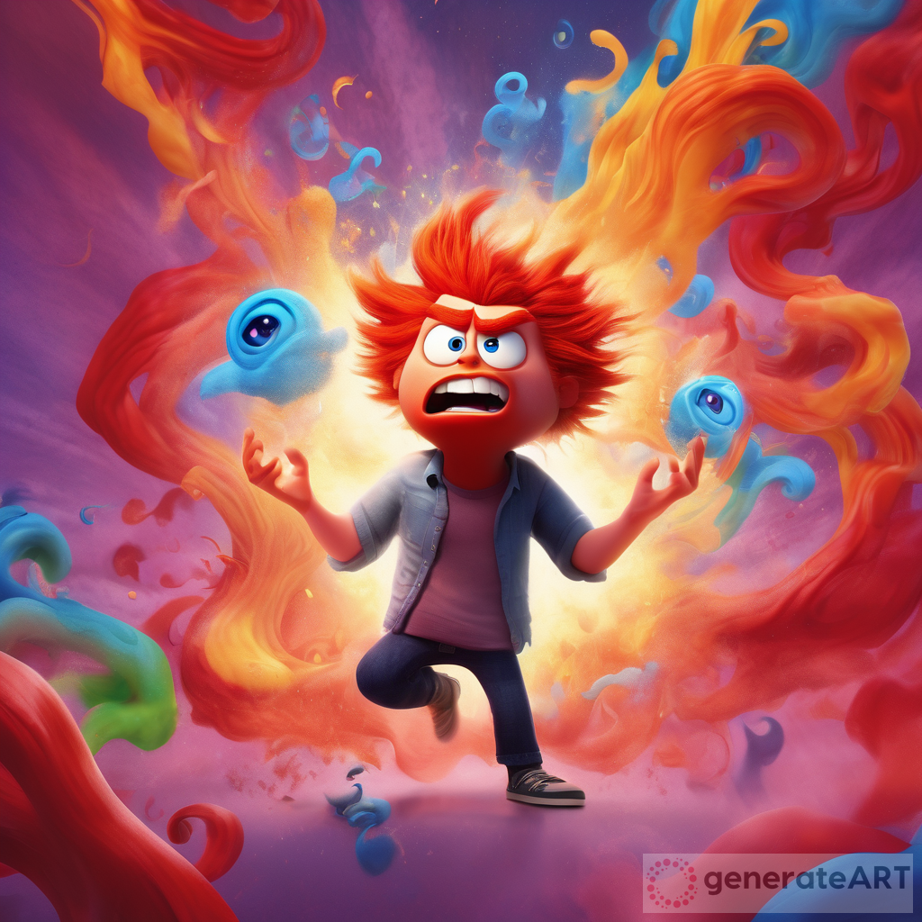 A digital illustration depicting the concept of "Hangry" as an Inside Out emotion, with a character combining elements of anger and hunger: a red-faced, grumpy figure with fiery hair, clutching an empty stomach, standing among swirling energy clouds, inside a vibrant, colorful mindscape inspired by Pixar's Inside Out, in the style of 3D animation