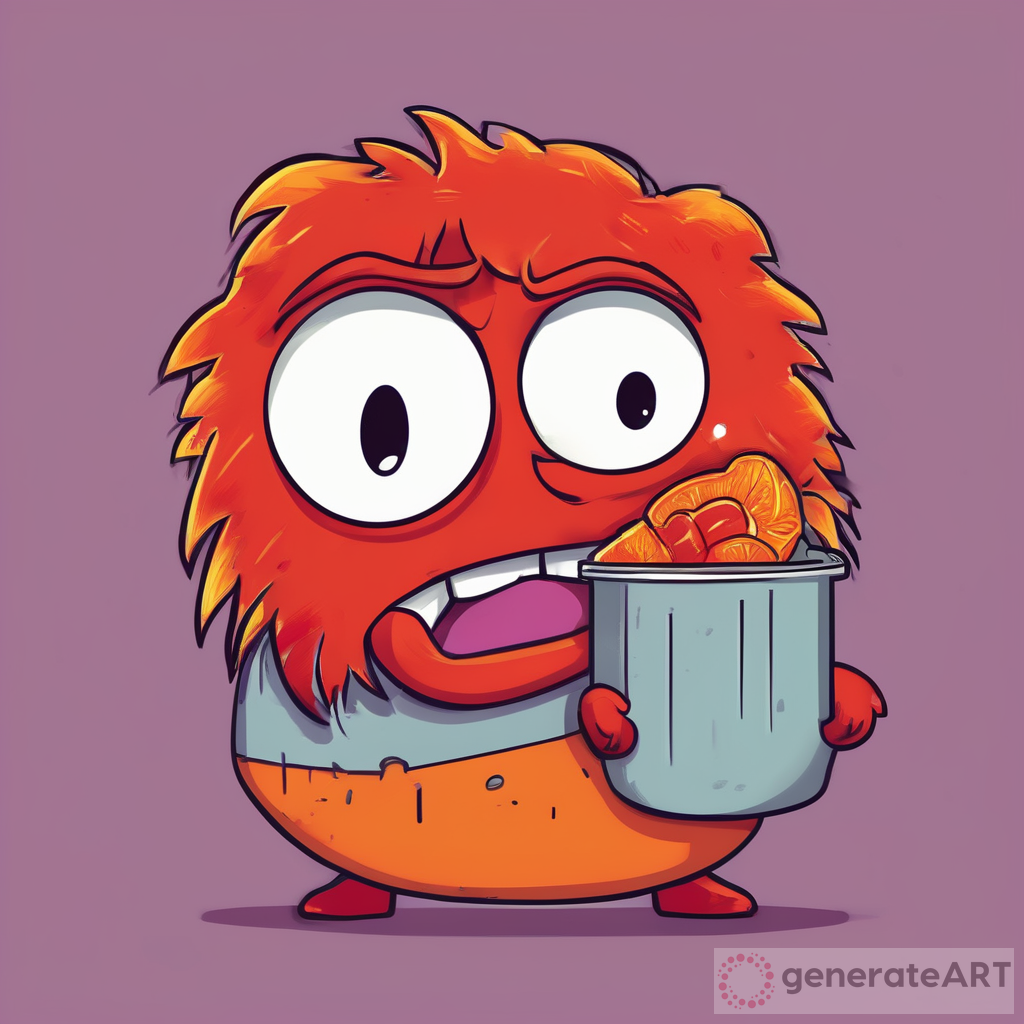 A digital illustration depicting the concept of "Hangry" as an Inside Out emotion, with a character combining elements of anger and hunger: a cute red-faced, grumpy figure with fiery hair, clutching an empty stomach Neon Orange Color