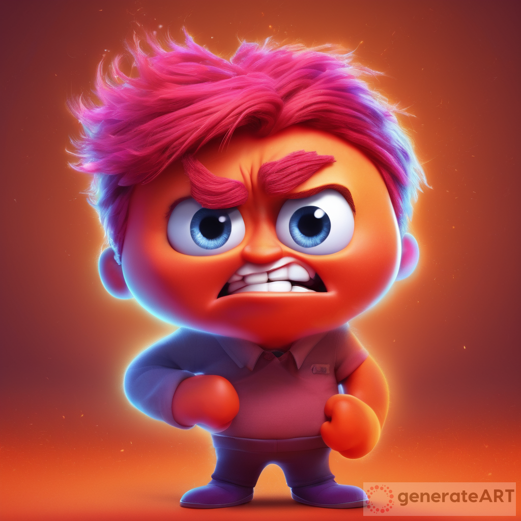 A digital illustration depicting the concept of "Hangry" as an Inside Out emotion, with a character combining elements of anger and hunger: a cute red-faced, grumpy figure with fiery hair, clutching an empty stomach Neon Orange Color in 3D as inside out disney movie