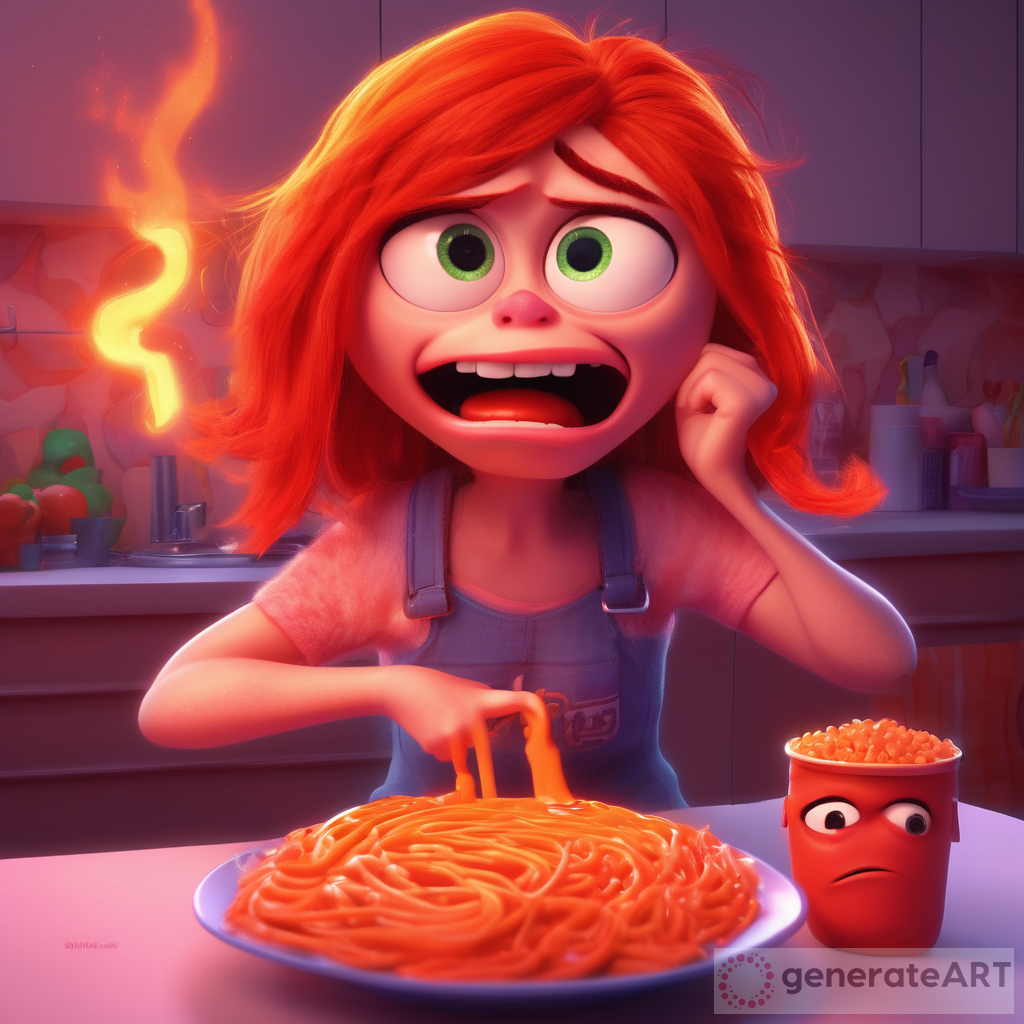 A digital illustration depicting the concept of "Hangry" as an Inside Out emotion, with a character combining elements of anger and hunger: a cute red-faced girly, grumpy figure with fiery hair, wanting to eat with no teeth, Neon Orange Color in 3D as inside out disney movie