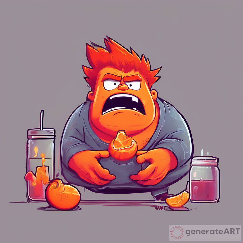 A digital illustration depicting the concept of "Hangry" as an Inside Out emotion, with a character combining elements of anger and hunger: a cute red-faced, grumpy figure with fiery hair, clutching an empty stomach Neon Orange Color, Inside Out Emotion, no weird teeth, neon orange