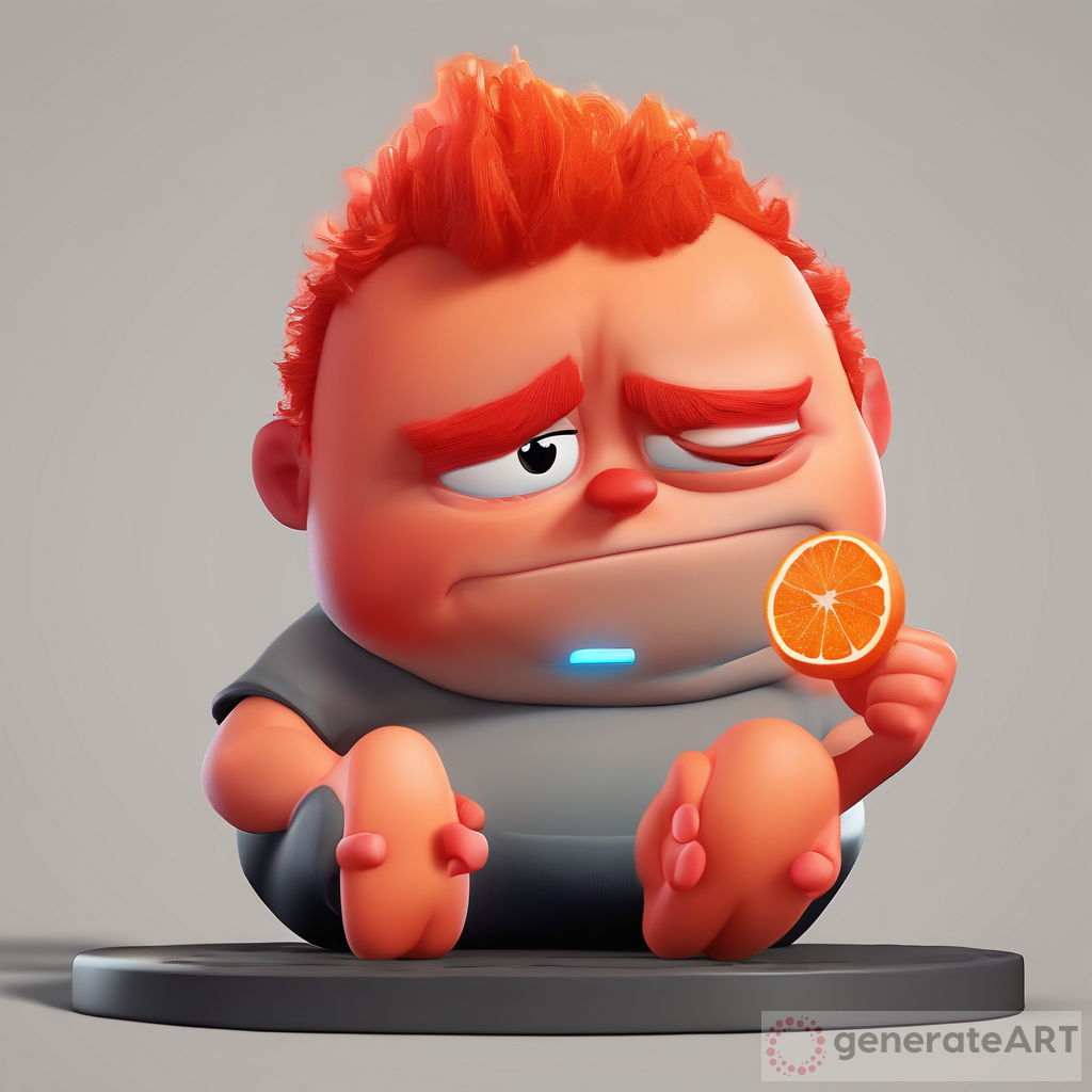In this digital illustration, we see a cute red-faced, grumpy figure with fiery hair, clutching an empty stomach. This character embodies the concept of being ‘Hangry’ – a mix of anger and hunger. The neon orange color pops in 3D, reminiscent of Inside Out, the Disney movie, where our emotions come to life