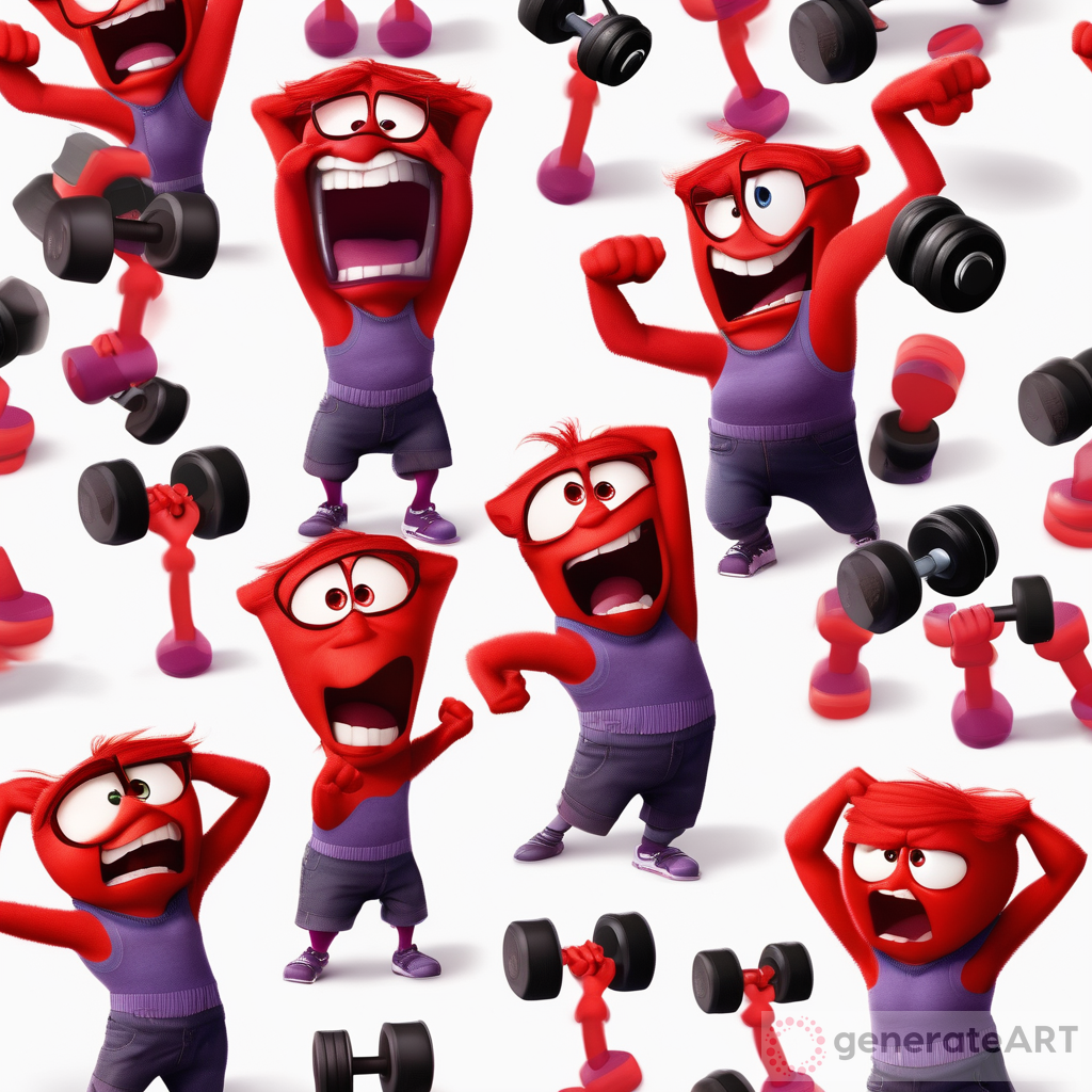 Disney Pixar Inside Out red character Anger working out with dumbbells on white background