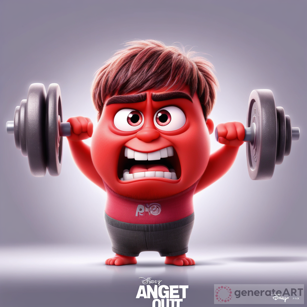 Disney Pixar Inside Out red character Anger working out with dumbbells, white background