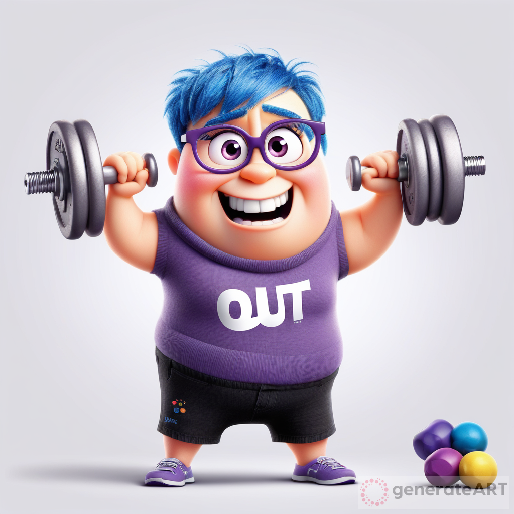 Disney Pixar Inside Out character working out with dumbbells, white background