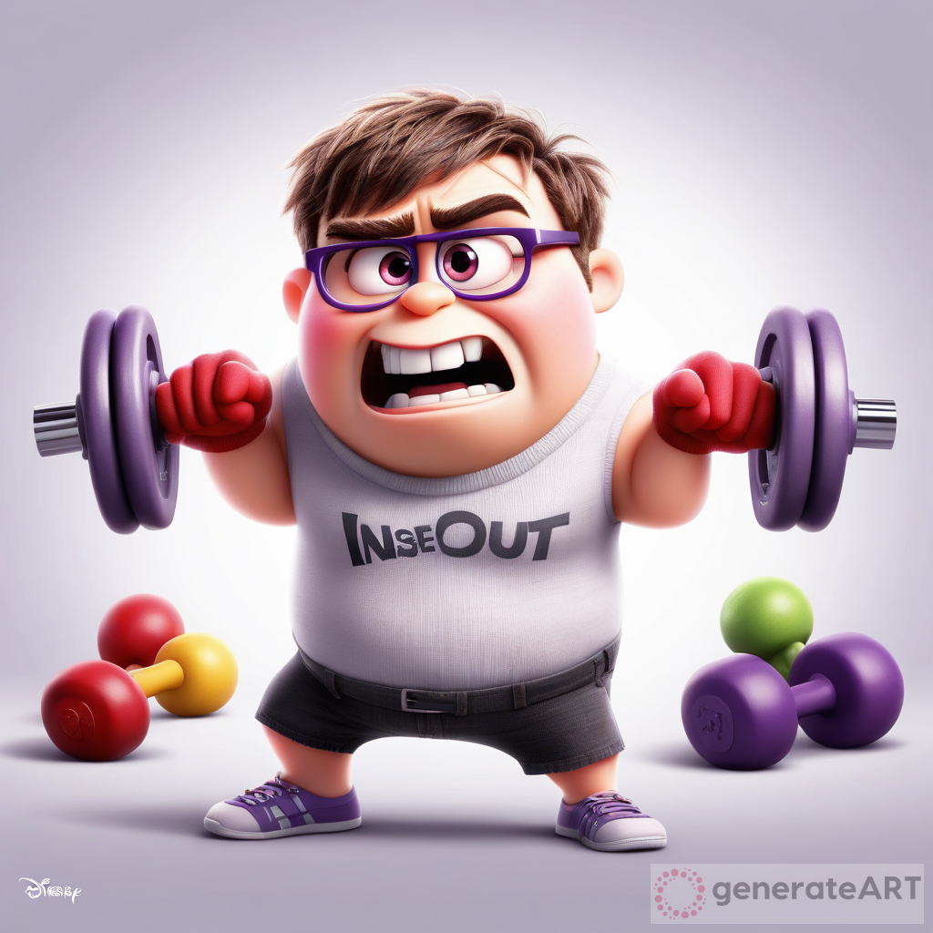 Disney Pixar's Inside Out movie, anger character working out with dumbbells, white background