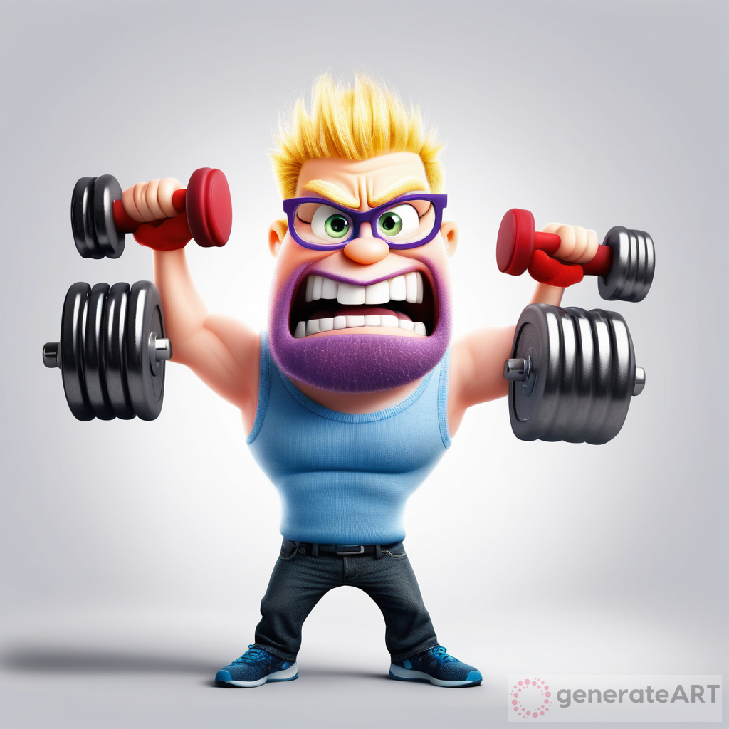 Inside Out anger, working out with dumbbells, white background