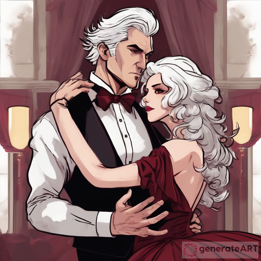 A Beautiful mafia princess with white hair and brown eyes. She's in a wine-red ball gown dancing with a tall dark hair man in a black suit. They are both dancing