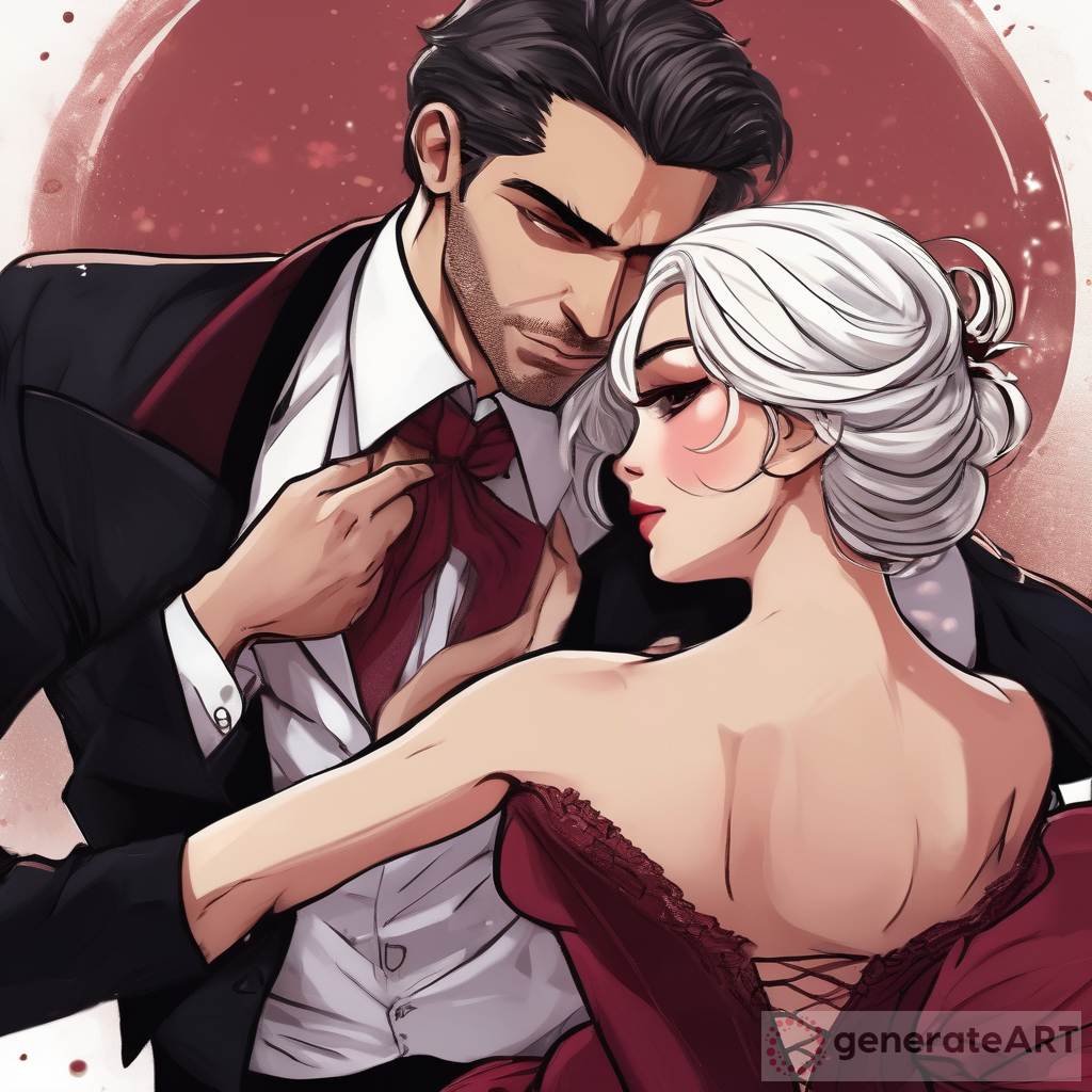 A Beautiful young mafia princess with white hair and brown eyes. She's in a wine-red ball gown dancing with a tall dark-haired man in a black suit. They are both dancing