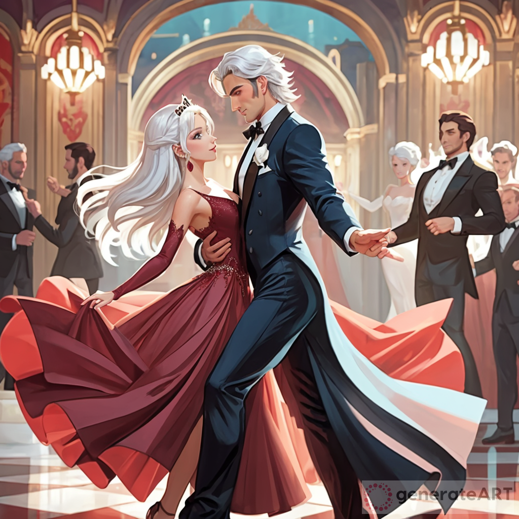 A Beautiful young mafia princess with white hair and brown eyes. She's in a wine-red ball gown dancing with a tall dark-haired man in a black suit. They are both dancing
