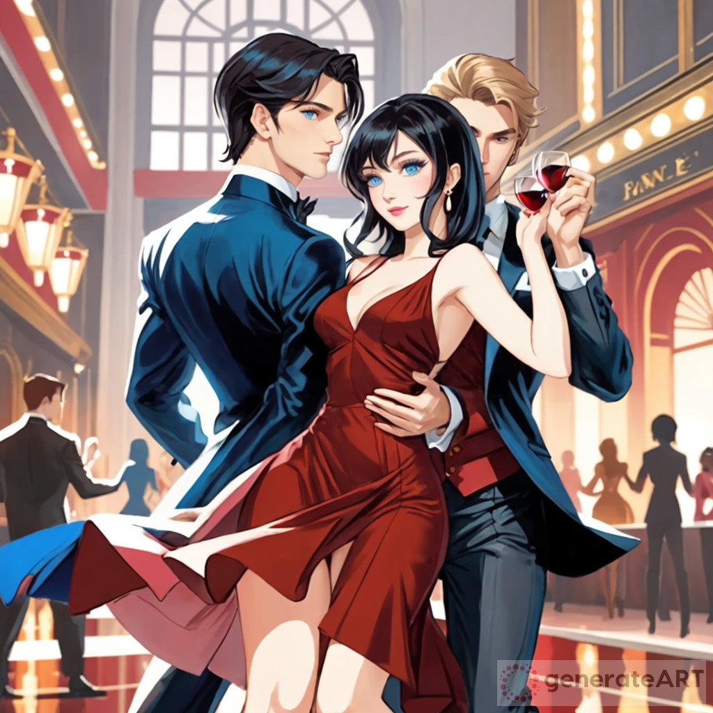 A Beautiful young mafia princess with jet-black hair and bright blue eyes is with a handsome young man with dark dirty blonde hair at an elegant party. She's in a skin-tight wine-red dress and is dancing with the man