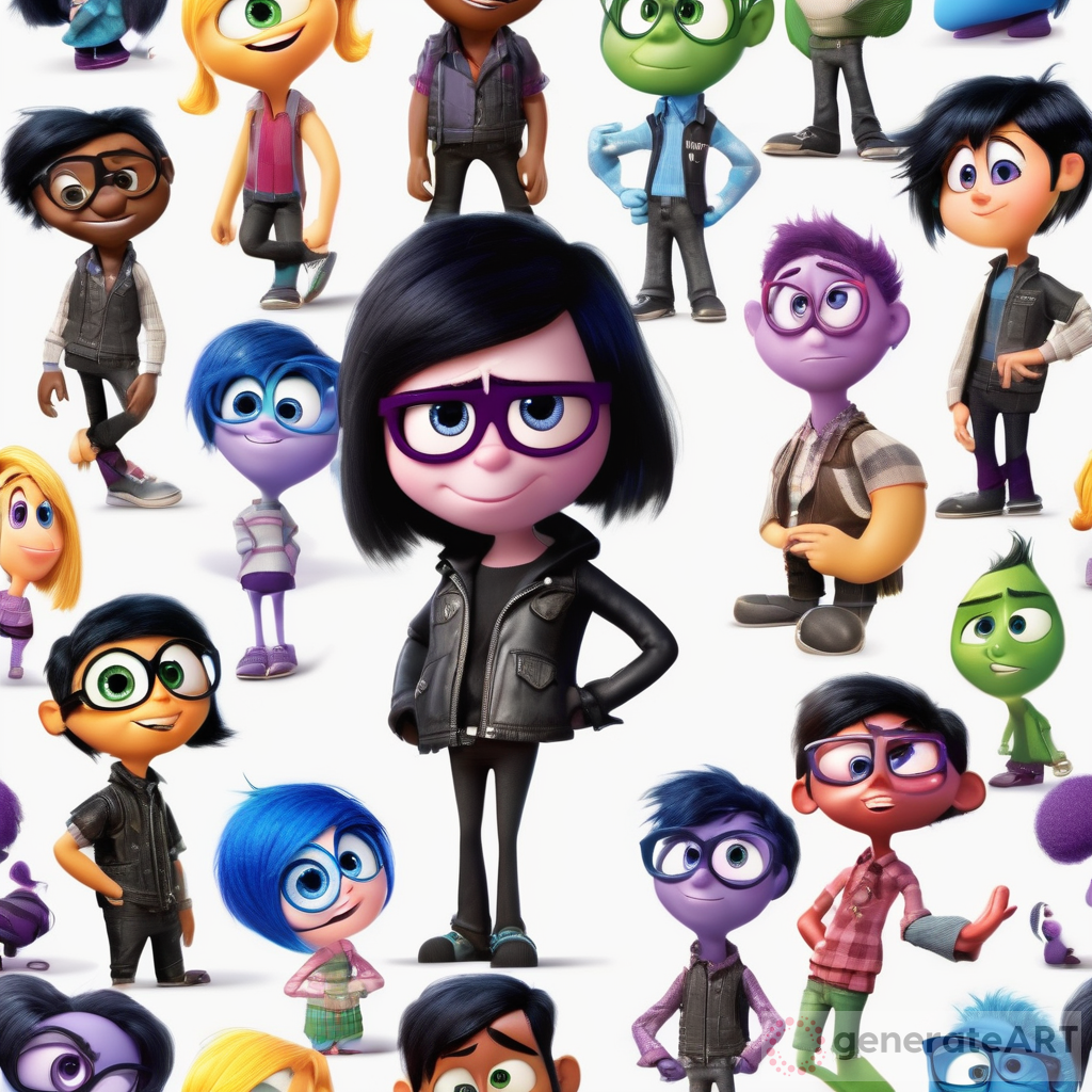 Pixar inside out character, representing the enjoyment of music cultures such as emo, punk, metal, and rock. black hair, leather jacket or vest. on a white background