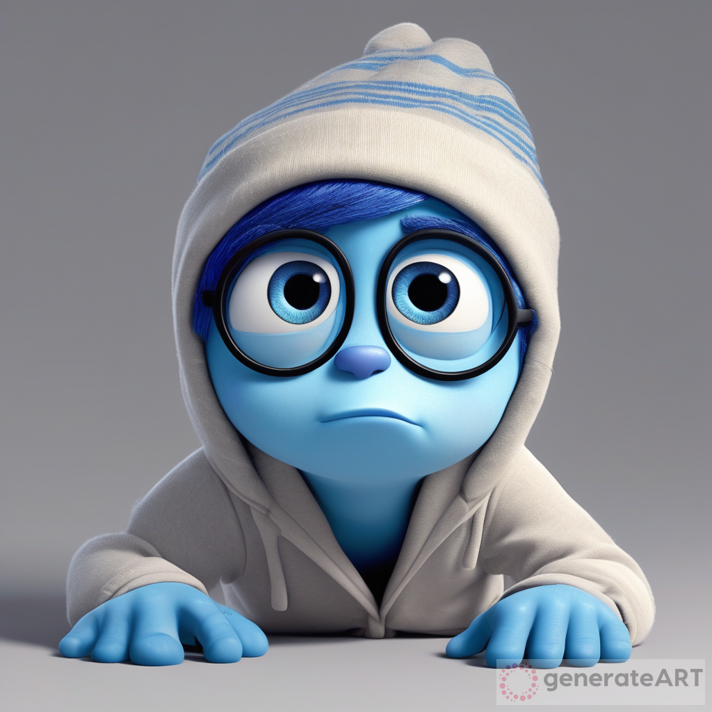 An inside out character with blue skin and dark circles under his eyes, big eyes, wearing pajamas and a sleeping cap, looking sleepy and tired