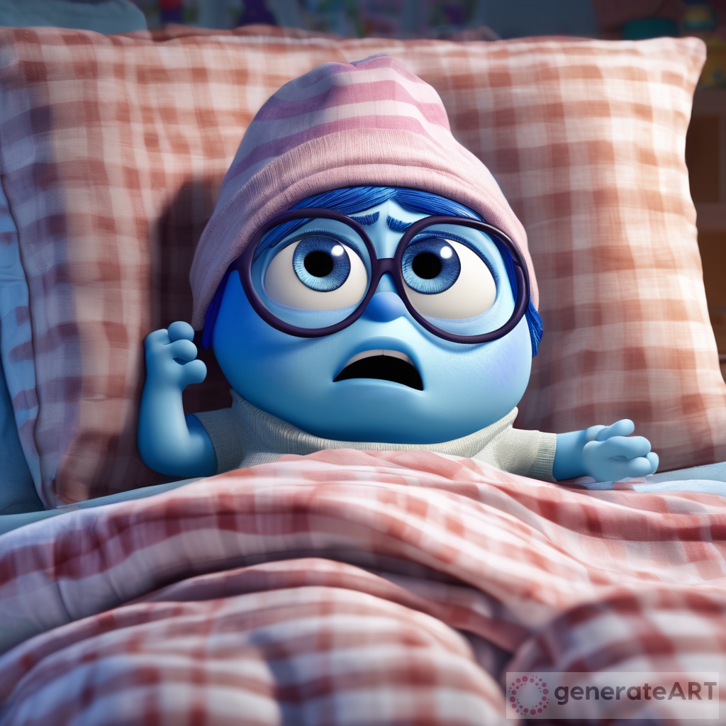 An inside out character with blue skin and dark circles under his eyes, big eyes, wearing pajamas and a sleeping cap, looking sleepy and tired
