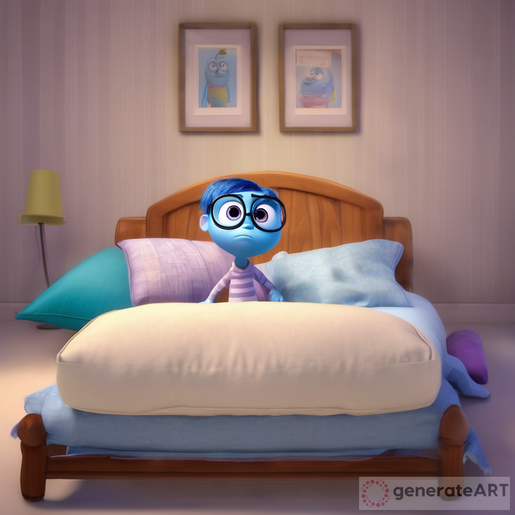 Meet our new Pixar Inside Out character, standing and holding a pillow, looking sleepy and tired! He has dark circles under his big eyes and is wearing pajamas and flip flops