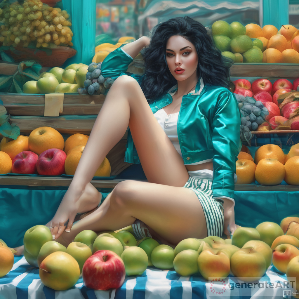 4k , high resolution , detailed features ,bright colors , realism ,fashion , glamour photography , art photography , digital painting , market place , fruits  , a woman is laying on the fruits in and holding an apple in modeling pose ,teal jacket ,black hair ,pale skin ,thick figure, teal and white striped knot crop top shirt , white warp skort  , legs ,  close up