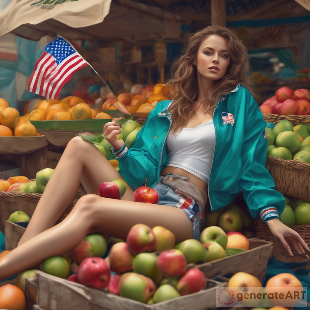 4k , high resolution , detailed features ,bright colors , realism ,fashion , glamour photography , art photography , digital painting , market place , fruits  , a woman is laying on the fruits in and holding an apple in modeling pose ,teal jacket ,brown hair ,pale skin ,thin figure, American flag knot crop top shirt , white warp skort  , legs ,  close up