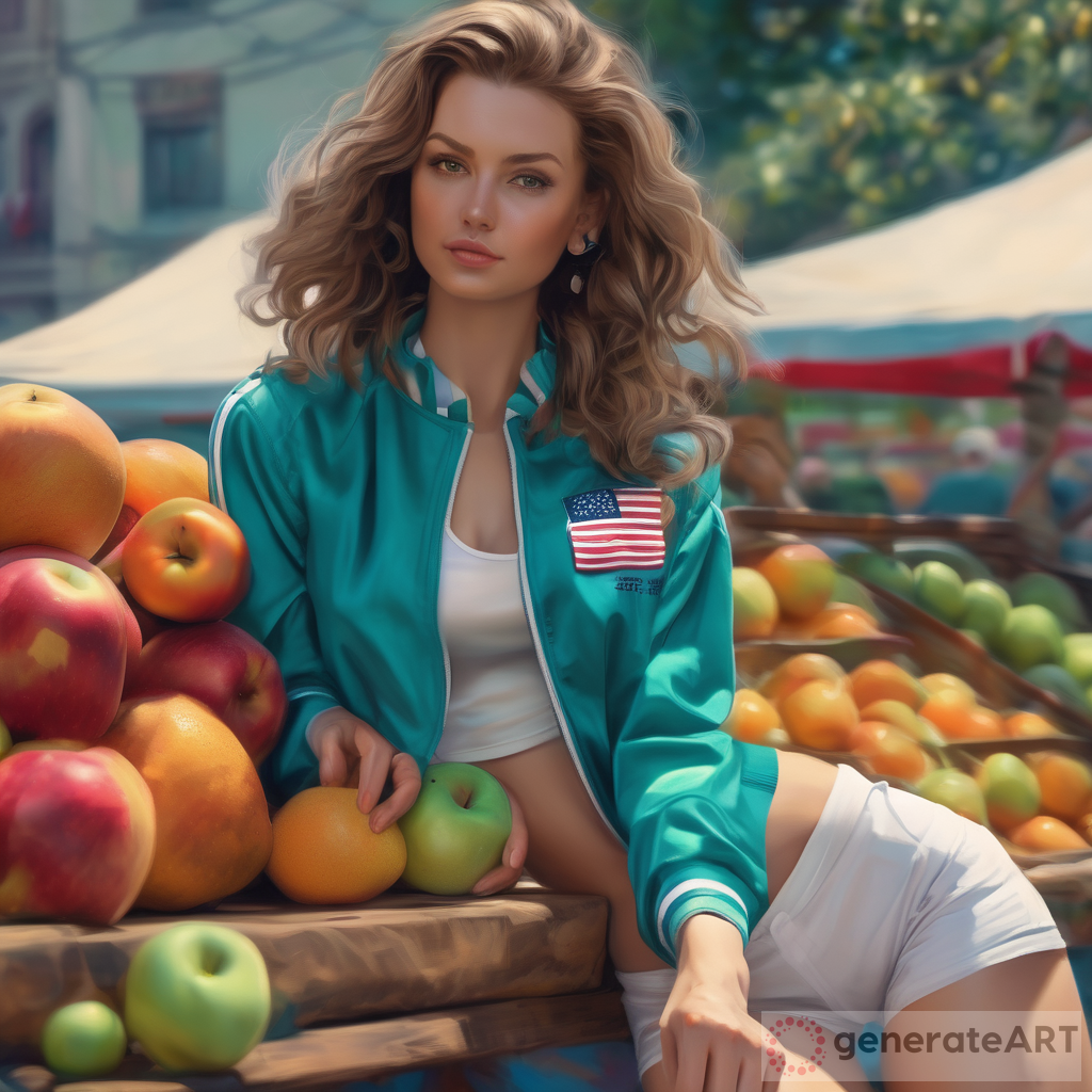 4k , high resolution , detailed features ,bright colors , realism ,fashion , glamour photography , art photography , digital painting , market place , fruits  , a woman is laying on the fruits in and holding an apple in modeling pose ,teal jacket ,brown hair ,pale skin ,thin figure, American flag knot crop top shirt , white warp skort  , legs ,  close up