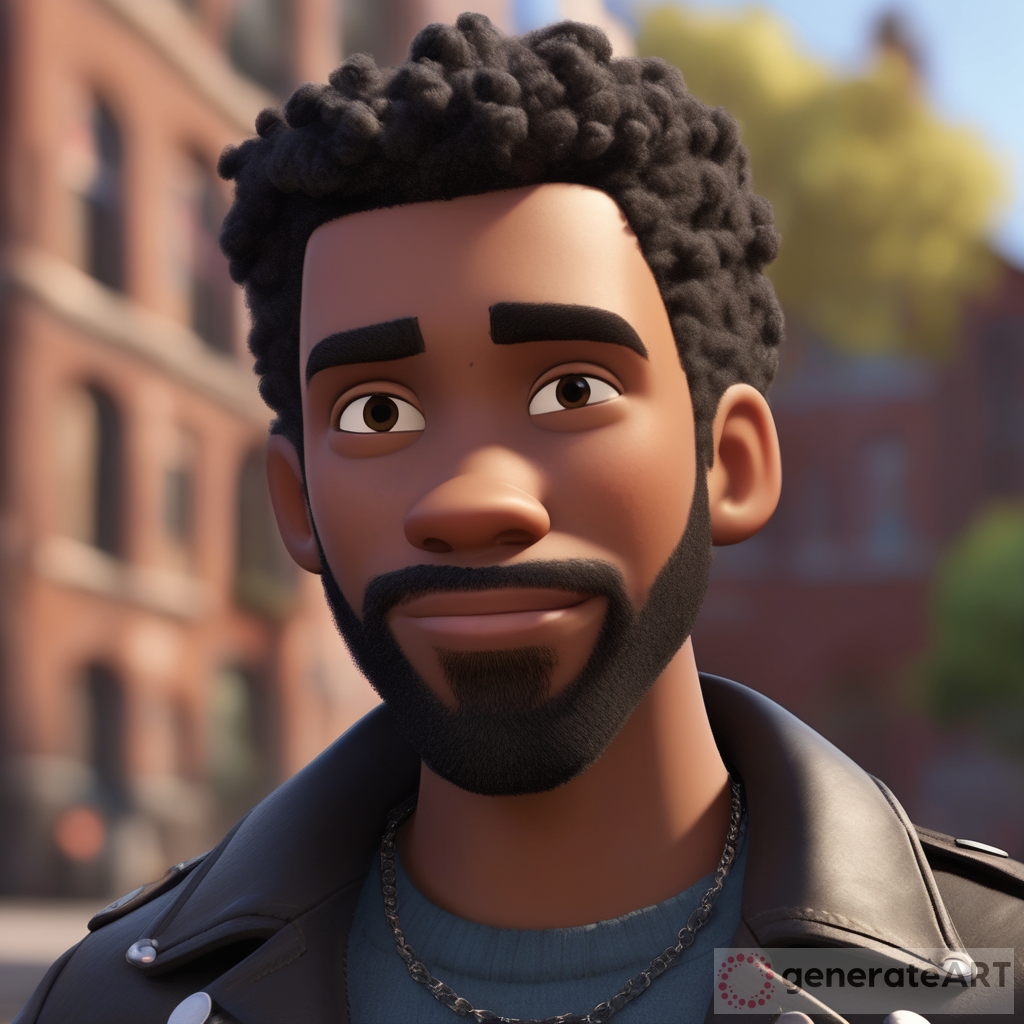 Pixar character style light skin black young man with dark hair and beard wearing a leather jacket